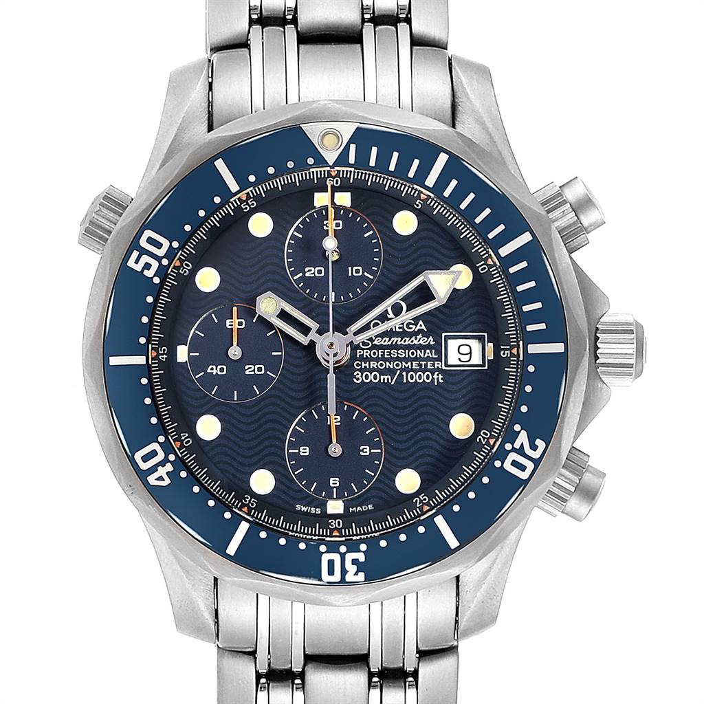 The image shows a frontal view of an Omega Seamaster 2298.80.00 Men
s Titanium Blue Dial 2298.80.00 Men
s Titanium Blue Dial watch, displaying the dial, bezel, crown, and chronograph subdials.