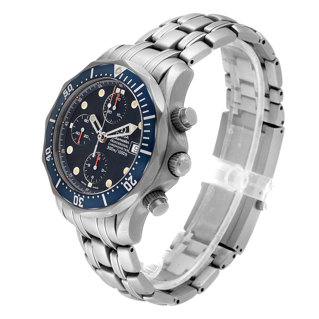 The image shows the Omega Seamaster 2298.80.00 Men
s Titanium Blue Dial 2298.80.00 Men
s Titanium Blue Dial watch from a side angle, highlighting the face, bezel, and bracelet.