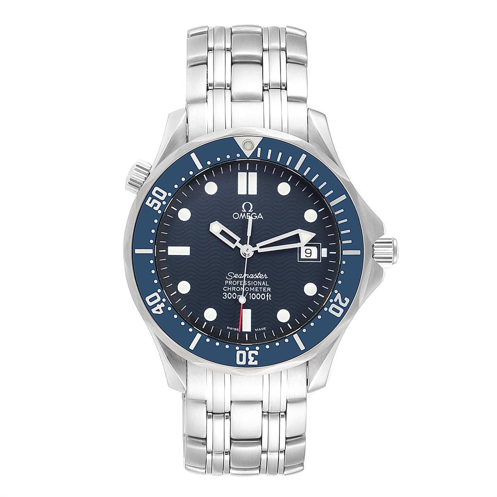 The Omega Seamaster 2531.80.00 Men
s Stainless Steel Blue Dial 2531.80.00 Men
s Stainless Steel Blue Dial watch is shown from a top-down angle, displaying the dial, bezel, and bracelet.