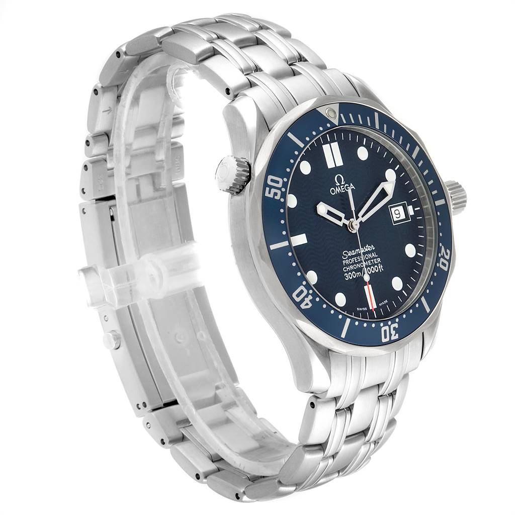 The image shows an Omega Seamaster 2531.80.00 Men
s Stainless Steel Blue Dial 2531.80.00 Men
s Stainless Steel Blue Dial watch at a 3/4 angle, highlighting the dial, bezel, crown, and bracelet.