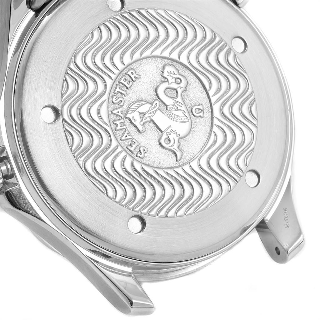 The image shows the back case of an Omega Seamaster 2531.80.00 Men
s Stainless Steel Blue Dial 2531.80.00 Men
s Stainless Steel Blue Dial watch with an engraved design and logo.