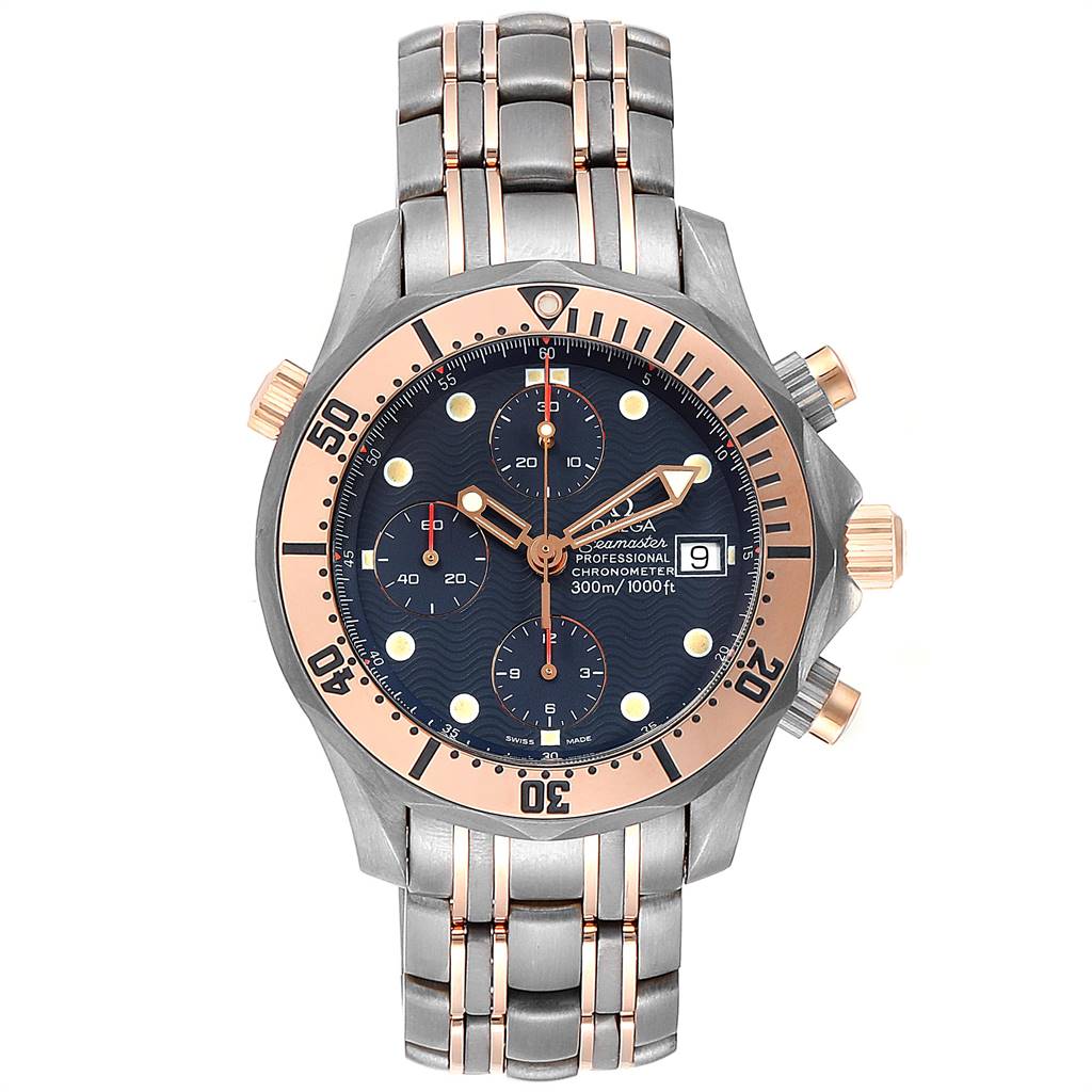 This is a front view of the Omega Seamaster 2296.80.00 Men
s Titanium Blue Dial 2296.80.00 Men
s Titanium Blue Dial watch, showcasing the dial, case, bezel, and bracelet.