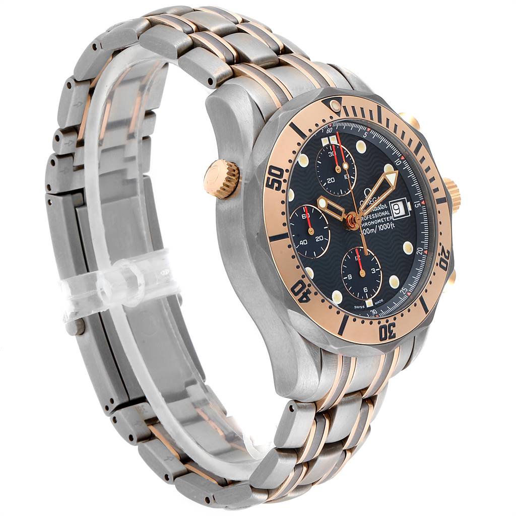 The Omega Seamaster 2296.80.00 Men
s Titanium Blue Dial 2296.80.00 Men
s Titanium Blue Dial watch is shown at a 45-degree angle, displaying the face, bezel, crown, and part of the bracelet.