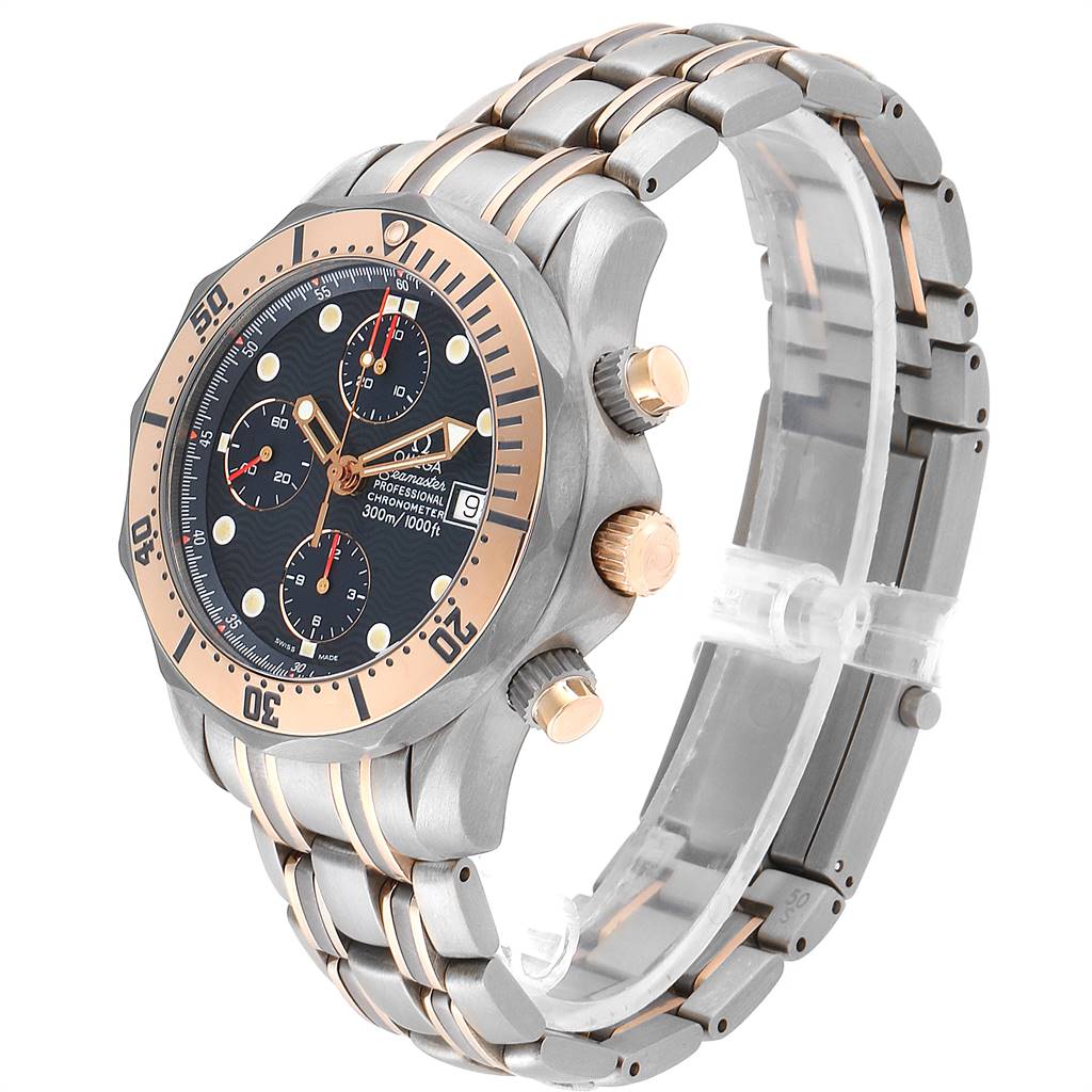 The image shows an angled side view of the Omega Seamaster 2296.80.00 Men
s Titanium Blue Dial 2296.80.00 Men
s Titanium Blue Dial watch, highlighting its bezel, crown, pushers, and bracelet.