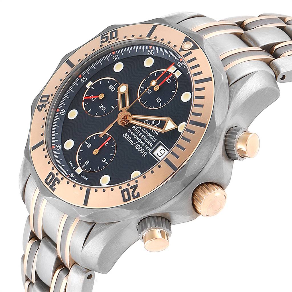 The Omega Seamaster 2296.80.00 Men
s Titanium Blue Dial 2296.80.00 Men
s Titanium Blue Dial watch is shown at an oblique angle, highlighting the dial, bezel, crown, and part of the bracelet.