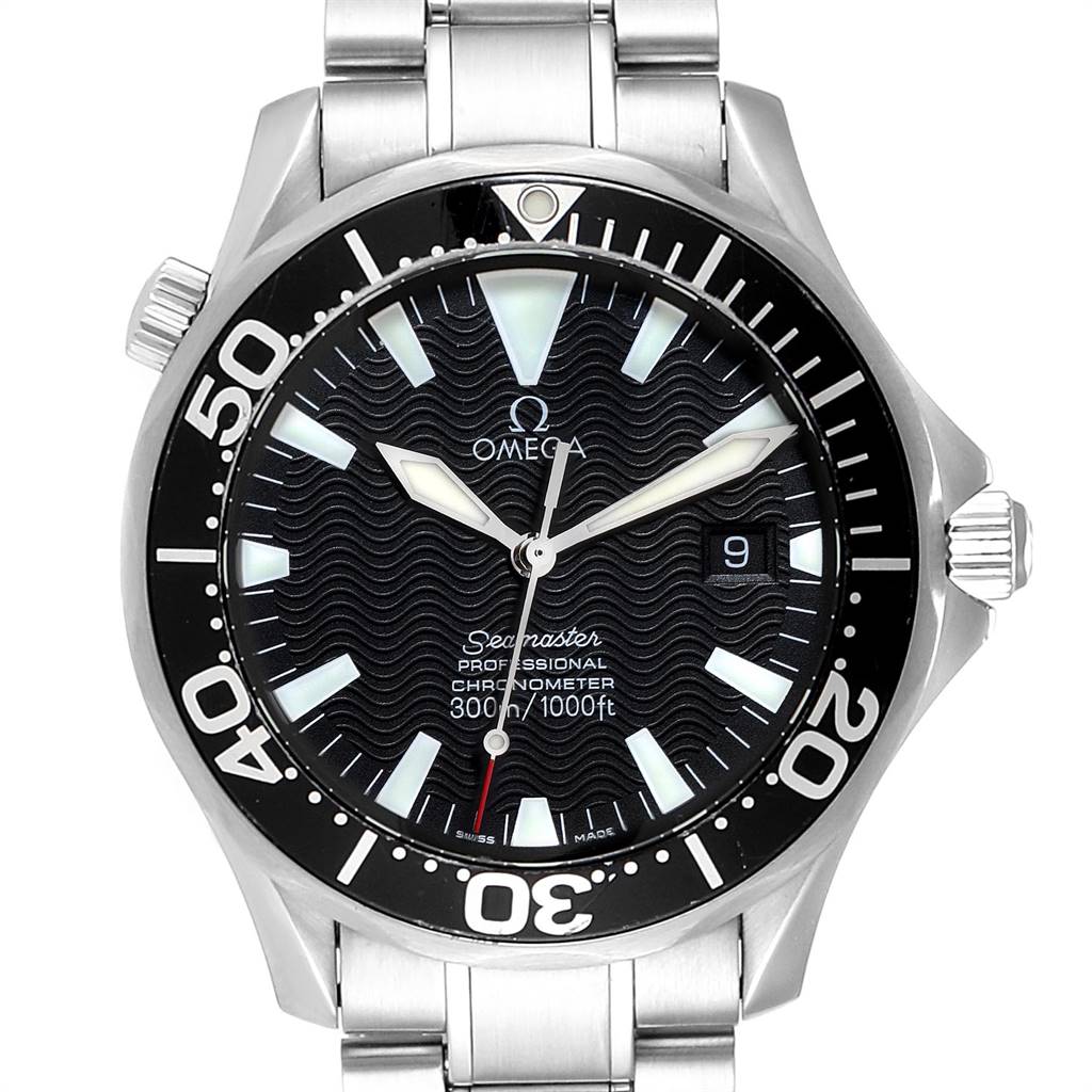 The Omega Seamaster 2254.50.00 Men
s Stainless Steel Black Dial 2254.50.00 Men
s Stainless Steel Black Dial watch is shown from a front angle, displaying the dial, bezel, and part of the stainless steel bracelet.