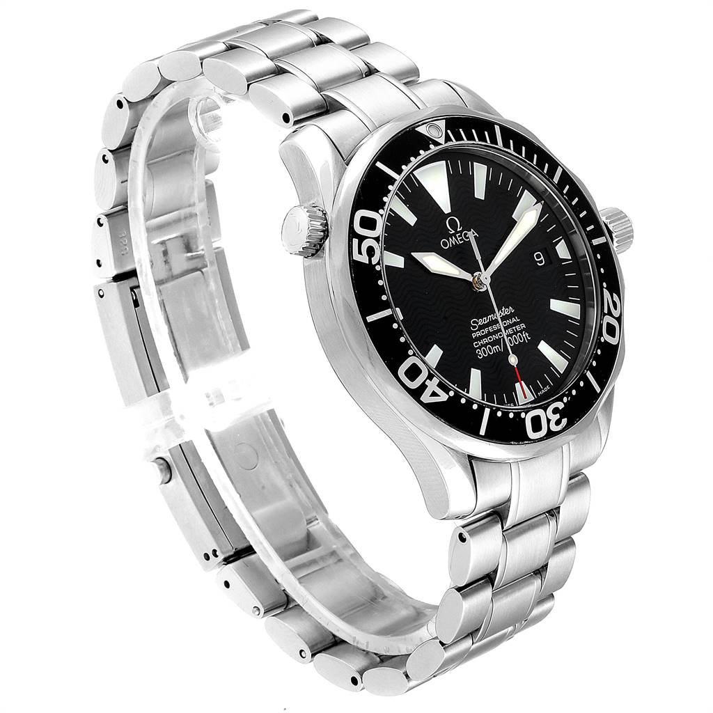 The Omega Seamaster 2254.50.00 Men
s Stainless Steel Black Dial 2254.50.00 Men
s Stainless Steel Black Dial watch is shown at a three-quarter angle, displaying the face, bezel, crown, and metal bracelet.