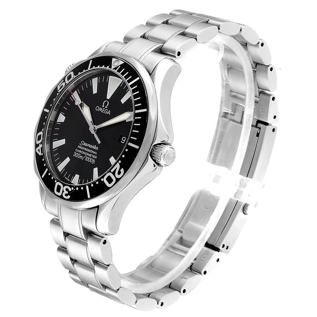 The Omega Seamaster 2254.50.00 Men
s Stainless Steel Black Dial 2254.50.00 Men
s Stainless Steel Black Dial watch is shown at an angled side view, highlighting the bezel, dial, bracelet, and crown.