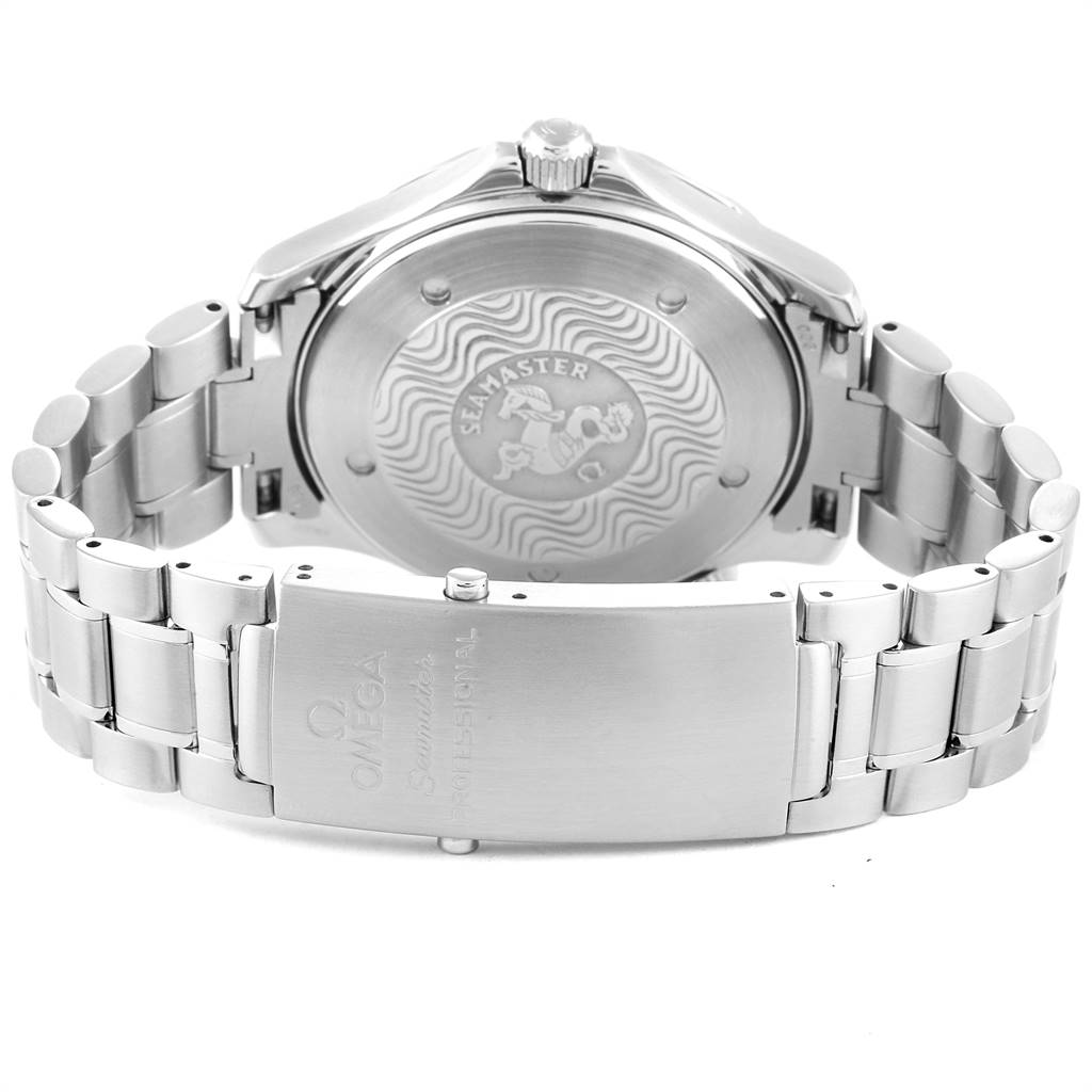 The image shows the backside and bracelet of the Omega Seamaster 2254.50.00 Men
s Stainless Steel Black Dial 2254.50.00 Men
s Stainless Steel Black Dial watch, focusing on the case back and the clasp.