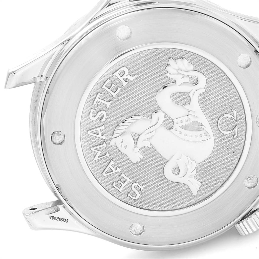 This is a close-up of the case back of an Omega Seamaster 212.30.41.61.01.001 Men
s Stainless Steel Black Dial 212.30.41.61.01.001 Men
s Stainless Steel Black Dial watch, showing the logo and engraving details.