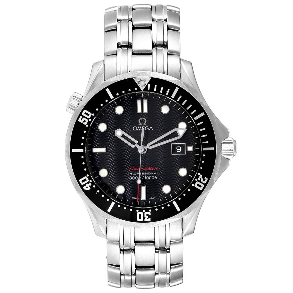 The image shows a front view of the Omega Seamaster 212.30.41.61.01.001 Men
s Stainless Steel Black Dial 212.30.41.61.01.001 Men
s Stainless Steel Black Dial watch, featuring its face, bezel, and metal bracelet.