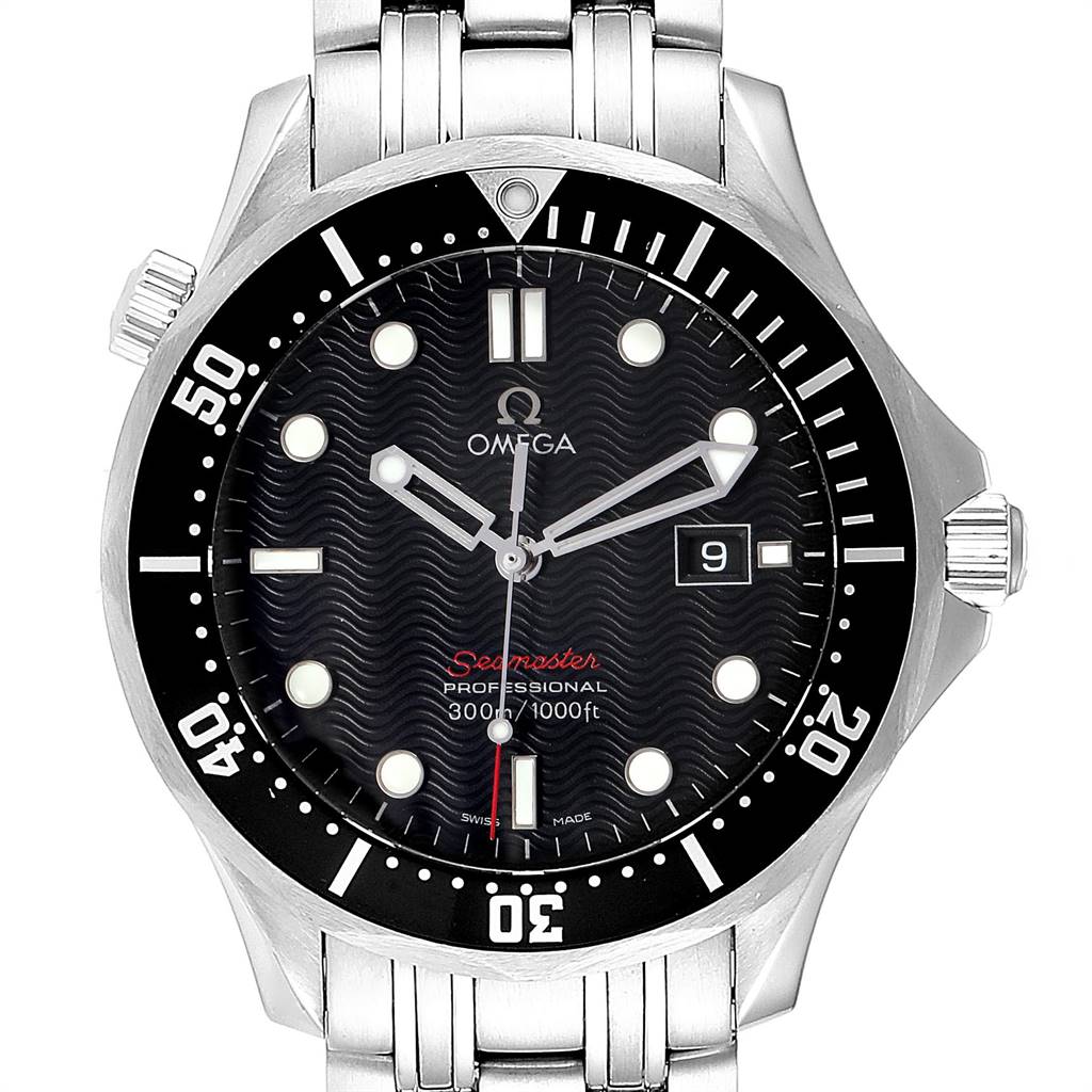 The Omega Seamaster 212.30.41.61.01.001 Men
s Stainless Steel Black Dial 212.30.41.61.01.001 Men
s Stainless Steel Black Dial watch is shown from a front angle, displaying its black dial, bezel, stainless steel bracelet, and date function.