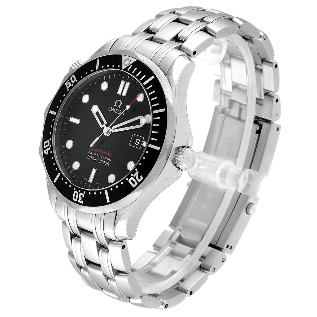 The Omega Seamaster 212.30.41.61.01.001 Men
s Stainless Steel Black Dial 212.30.41.61.01.001 Men
s Stainless Steel Black Dial watch is shown at a three-quarter angle highlighting its face, bezel, and metal bracelet.