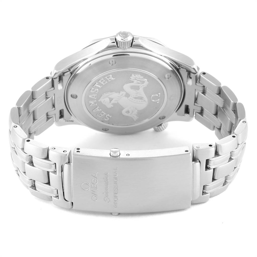 The image shows the back case and clasp of an Omega Seamaster 212.30.41.61.01.001 Men
s Stainless Steel Black Dial 212.30.41.61.01.001 Men
s Stainless Steel Black Dial watch in a silver color.