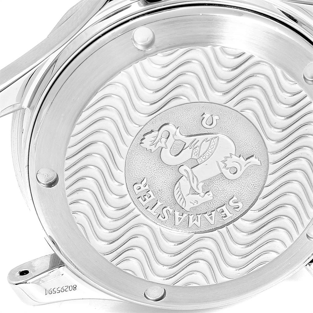 This image shows the back casing of an Omega Seamaster 2236.50.00 Men
s Stainless Steel Black Dial 2236.50.00 Men
s Stainless Steel Black Dial watch, featuring the iconic wave pattern and emblem.