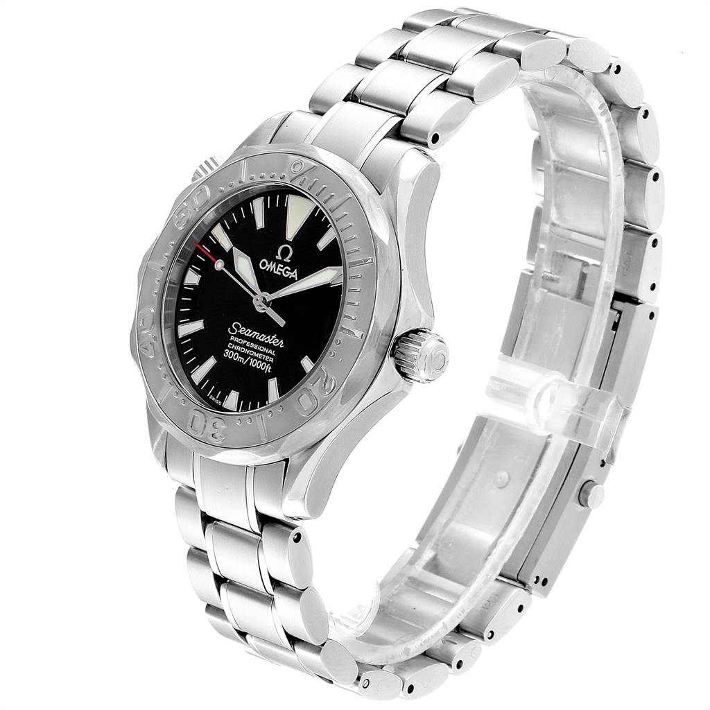 The image shows a side angle view of the Omega Seamaster 2236.50.00 Men
s Stainless Steel Black Dial 2236.50.00 Men
s Stainless Steel Black Dial watch, highlighting its stainless steel case, bezel, and bracelet.