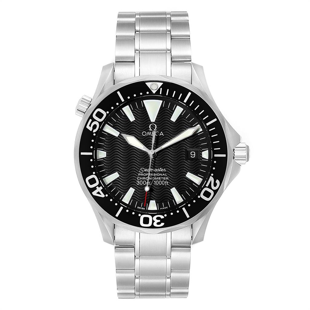 The image shows a front view of an Omega Seamaster 2254.50.00 Men
s Stainless Steel Black Dial 2254.50.00 Men
s Stainless Steel Black Dial watch, displaying its dial, bezel, and metal bracelet.