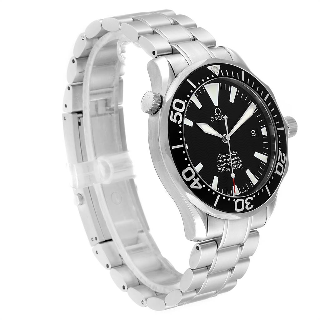 This image shows a side-angled view of an Omega Seamaster 2254.50.00 Men
s Stainless Steel Black Dial 2254.50.00 Men
s Stainless Steel Black Dial watch, featuring its stainless steel band, face, bezel, and crown.