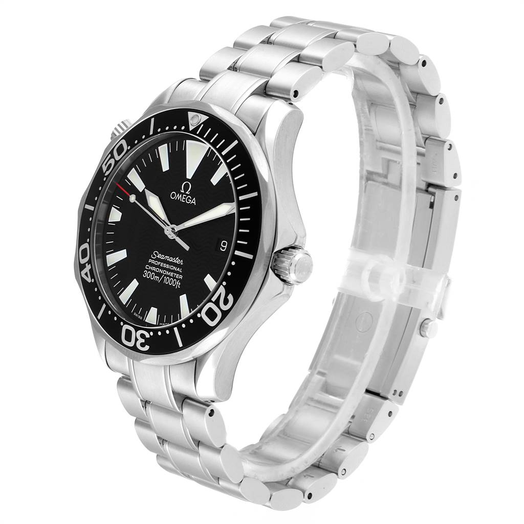 The Omega Seamaster 2254.50.00 Men
s Stainless Steel Black Dial 2254.50.00 Men
s Stainless Steel Black Dial watch is shown at a slight angle, highlighting the dial, bezel, crown, and metal bracelet.