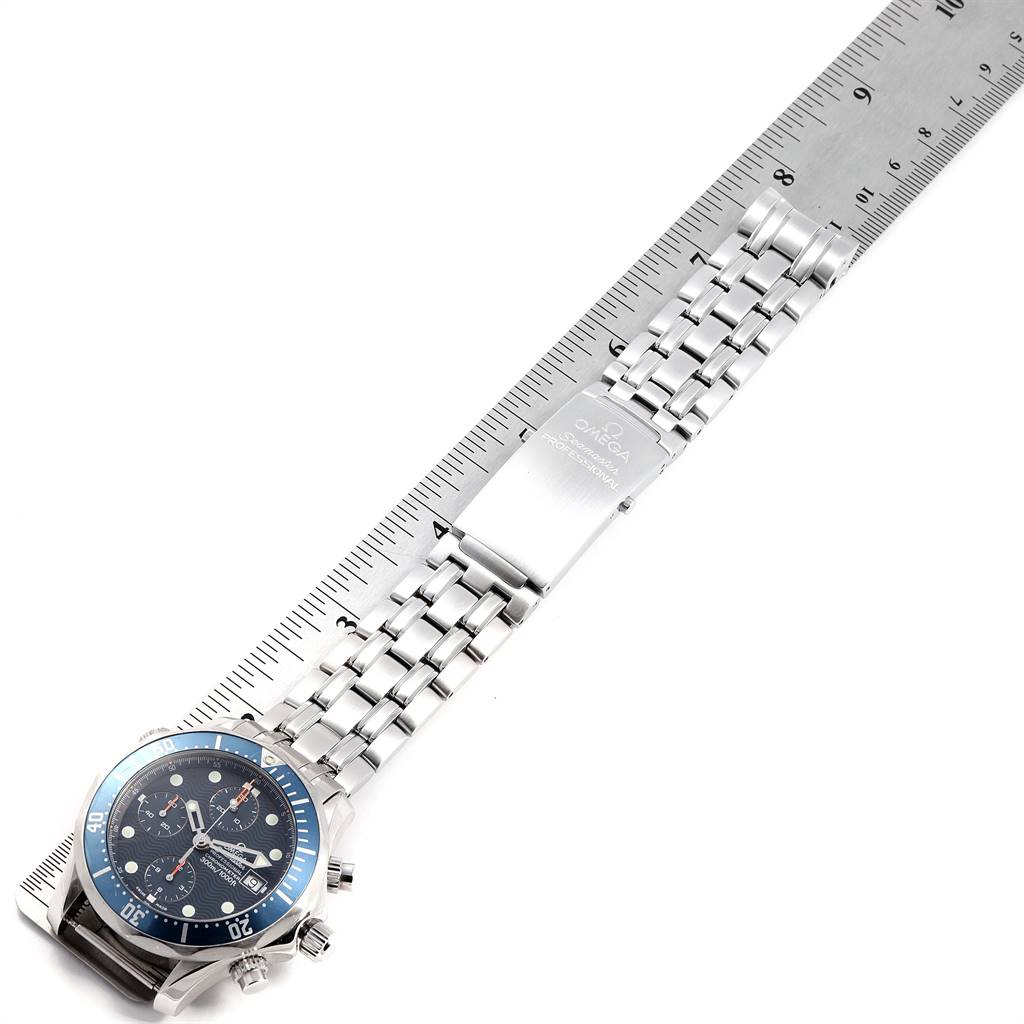 The Omega Seamaster 2599.80.00 Men
s Stainless Steel Blue Dial 2599.80.00 Men
s Stainless Steel Blue Dial watch is shown from a top-down angle, including the face, bezel, bracelet, and clasp.