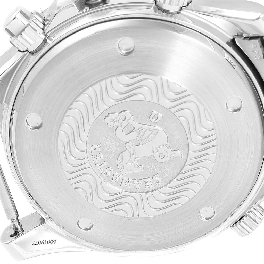 The image shows the case back of an Omega Seamaster 2599.80.00 Men
s Stainless Steel Blue Dial 2599.80.00 Men
s Stainless Steel Blue Dial watch, highlighting its engraved design and brand markings.