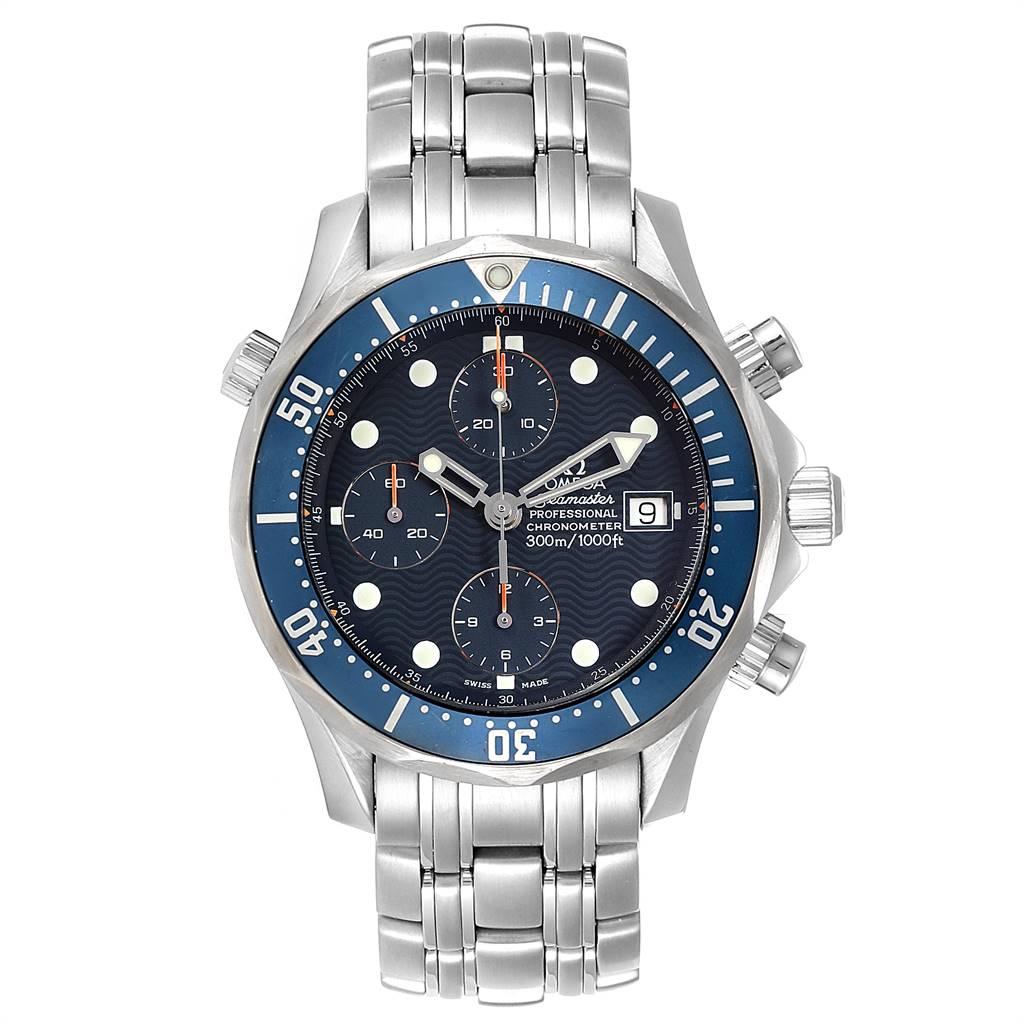 This image shows a front view of the Omega Seamaster 2599.80.00 Men
s Stainless Steel Blue Dial 2599.80.00 Men
s Stainless Steel Blue Dial watch, displaying its face, bezel, chronograph dials, and metal bracelet.