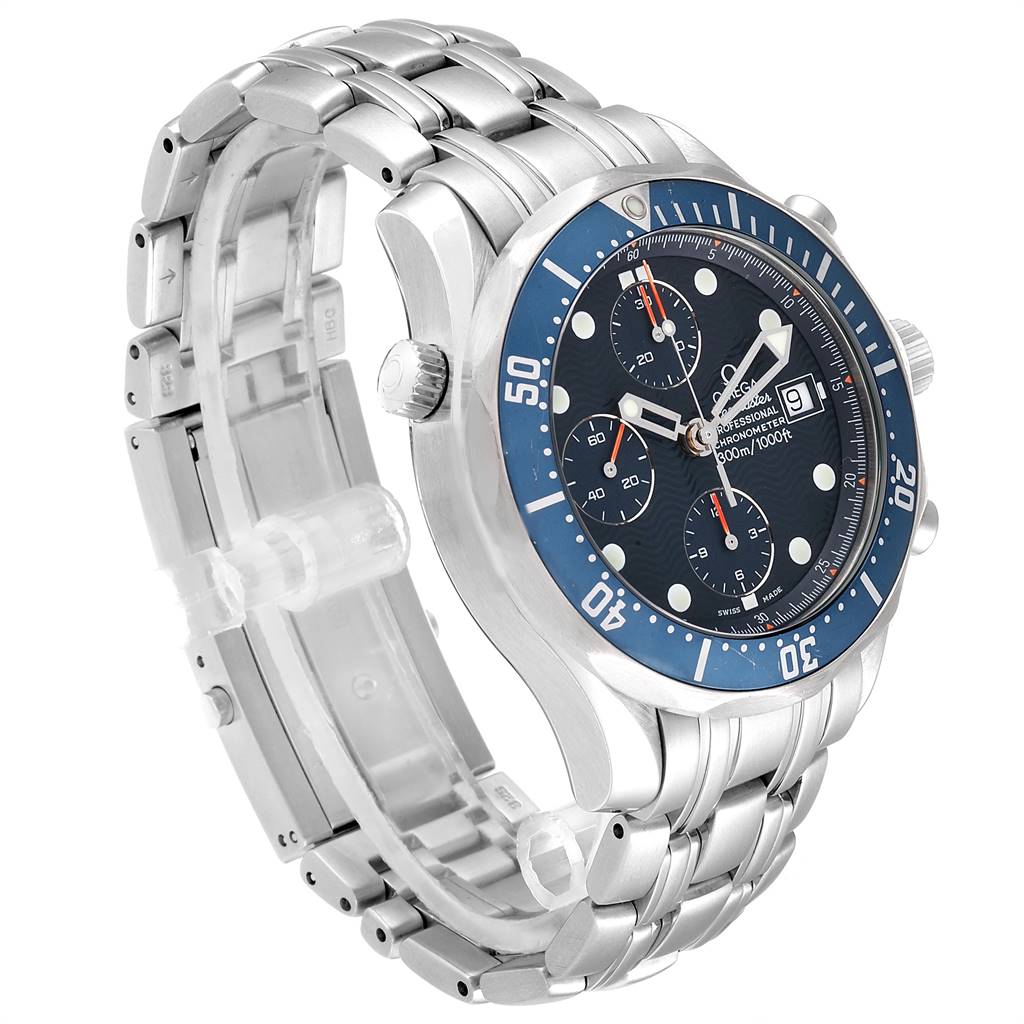 The image shows the Omega Seamaster 2599.80.00 Men
s Stainless Steel Blue Dial 2599.80.00 Men
s Stainless Steel Blue Dial watch at a three-quarters angle, highlighting the blue dial, bezel, and metal bracelet.