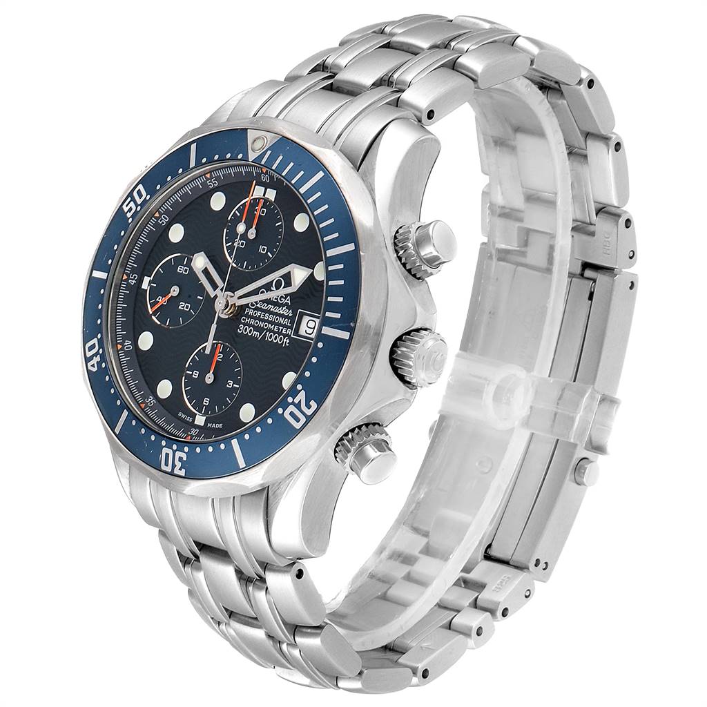 This Omega Seamaster 2599.80.00 Men
s Stainless Steel Blue Dial 2599.80.00 Men
s Stainless Steel Blue Dial watch is shown at a slight angle, displaying the face, bezel, case, and bracelet.