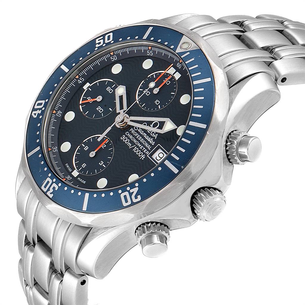 The image shows a close-up angle of the Omega Seamaster 2599.80.00 Men
s Stainless Steel Blue Dial 2599.80.00 Men
s Stainless Steel Blue Dial watch, highlighting its bezel, chronograph dials, and stainless steel bracelet.