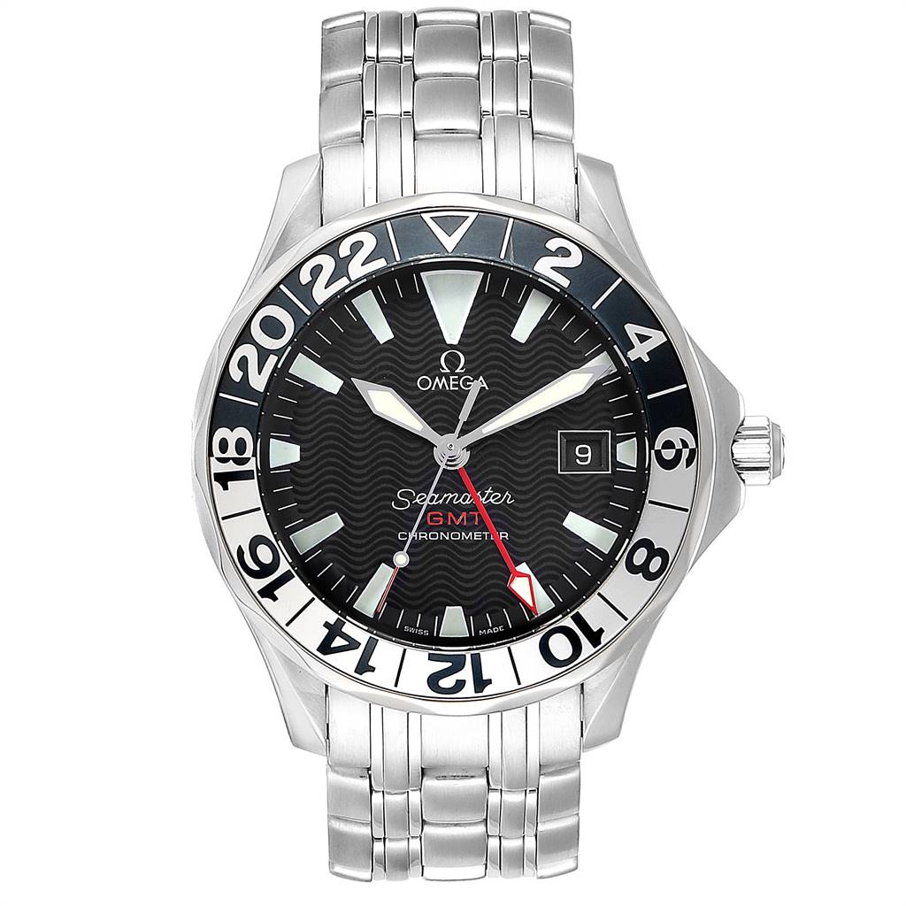 This image shows the front view of an Omega Seamaster 2234.50.00 Men
s Stainless Steel Black Dial 2234.50.00 Men
s Stainless Steel Black Dial GMT Chronometer watch, including the dial, bezel, and bracelet.