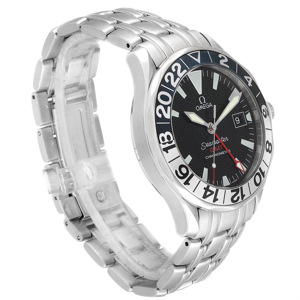 The angled image showcases the dial, bezel, crown, and stainless steel bracelet of the Omega Seamaster 2234.50.00 Men
s Stainless Steel Black Dial 2234.50.00 Men
s Stainless Steel Black Dial GMT watch.