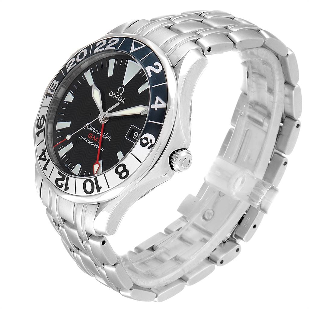The Omega Seamaster 2234.50.00 Men
s Stainless Steel Black Dial 2234.50.00 Men
s Stainless Steel Black Dial watch is shown at a slight side angle, highlighting its face, bezel, crown, and stainless steel bracelet.