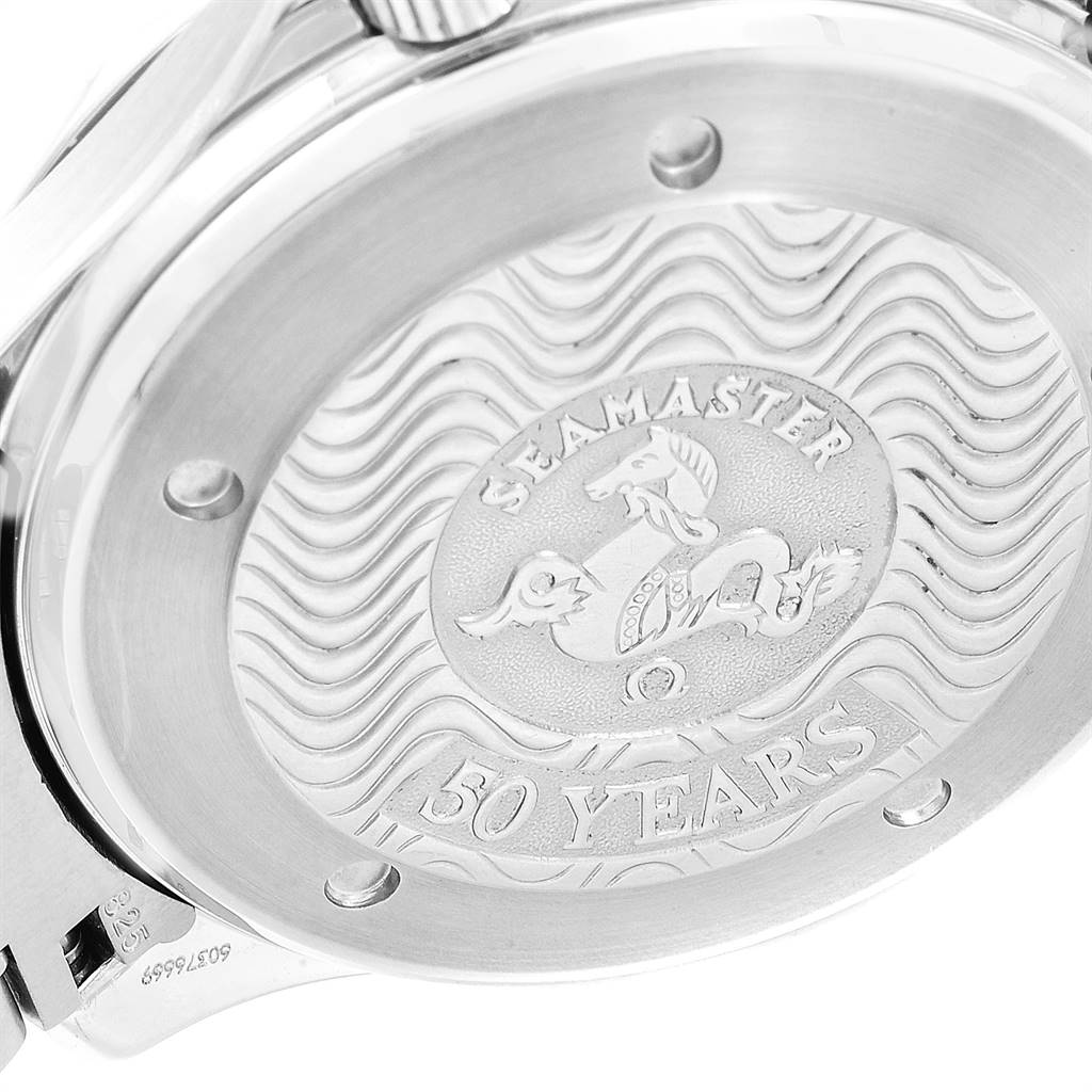 The image shows the engraved case back of an Omega Seamaster 2234.50.00 Men
s Stainless Steel Black Dial 2234.50.00 Men
s Stainless Steel Black Dial watch commemorating "50 Years."