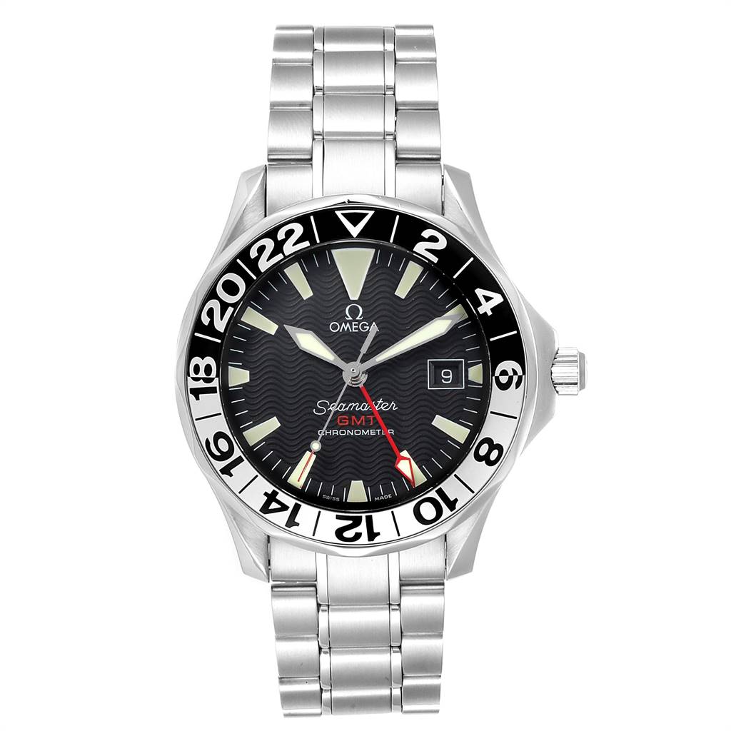 The image shows an Omega Seamaster 2234.50.00 Men
s Stainless Steel Black Dial 2234.50.00 Men
s Stainless Steel Black Dial watch from a front angle, highlighting its face, bezel, and bracelet.