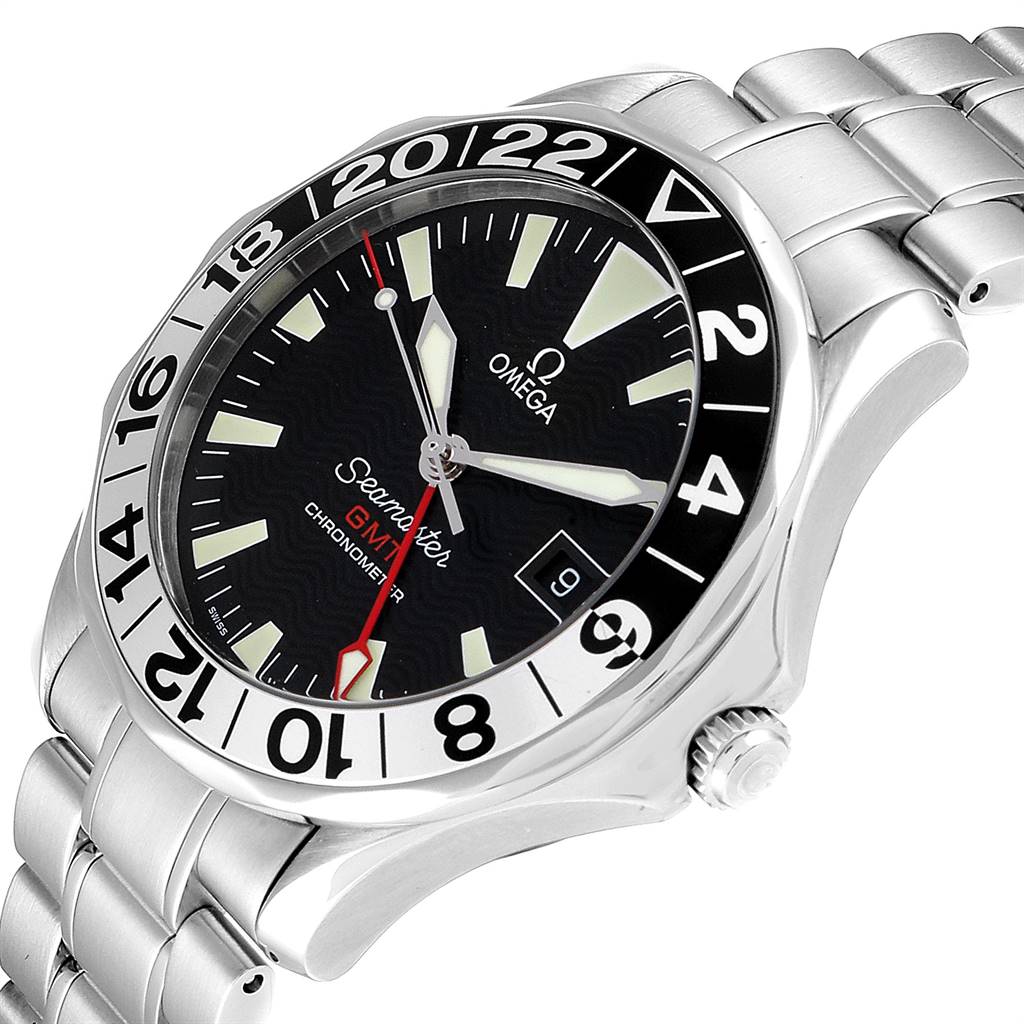 The Omega Seamaster 2234.50.00 Men
s Stainless Steel Black Dial 2234.50.00 Men
s Stainless Steel Black Dial watch is shown at a slight angle, displaying its face, bezel, crown, and metal bracelet.