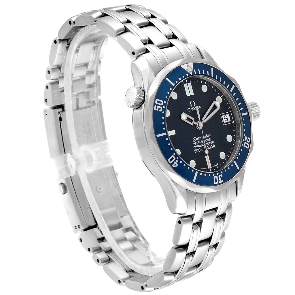 The Omega Seamaster 2551.80.00 Men
s Stainless Steel Blue Dial 2551.80.00 Men
s Stainless Steel Blue Dial watch is shown at a slight angle highlighting the dial, bezel, crown, and metal bracelet.