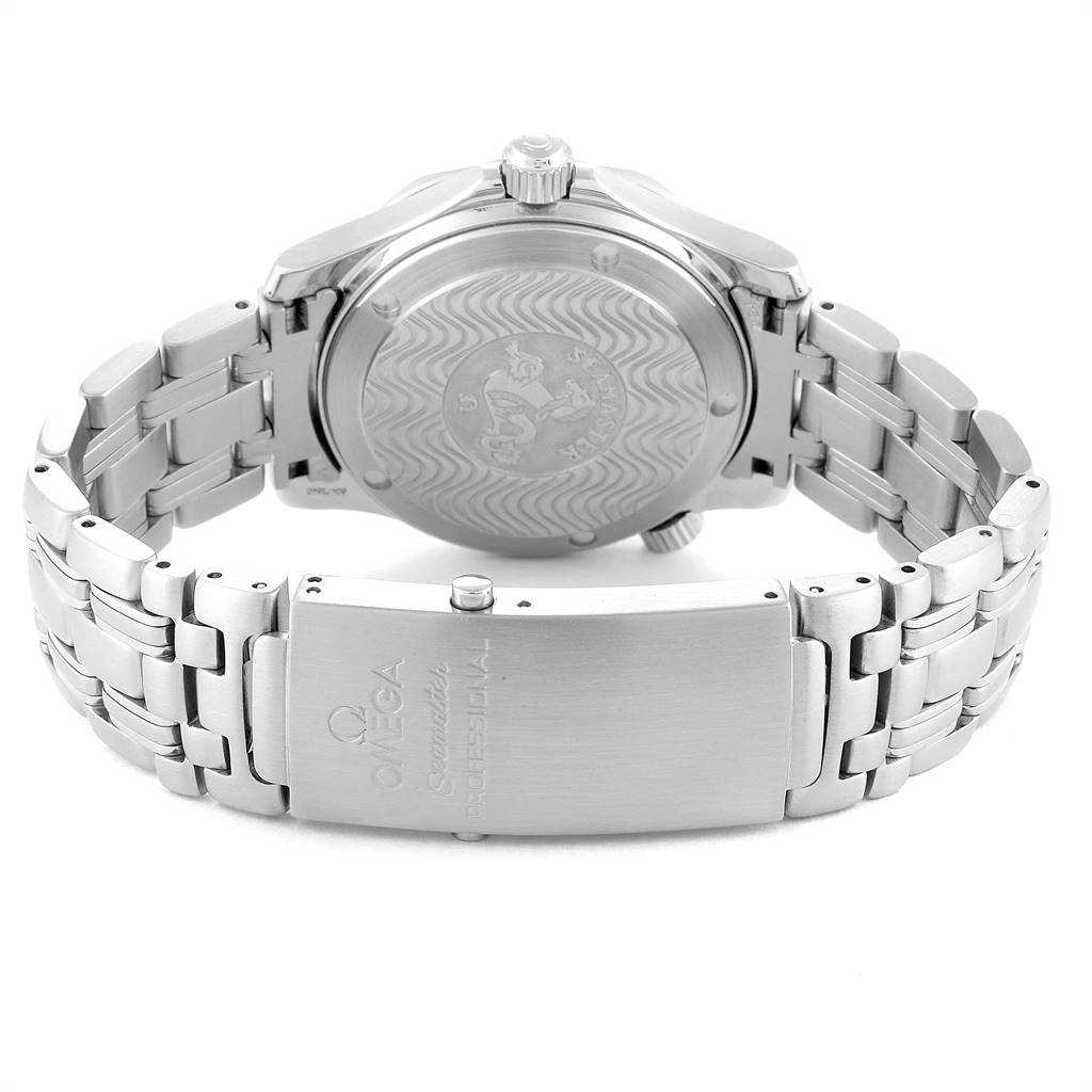 This image shows the back case and clasp of an Omega Seamaster 2551.80.00 Men
s Stainless Steel Blue Dial 2551.80.00 Men
s Stainless Steel Blue Dial watch from a rear angle.