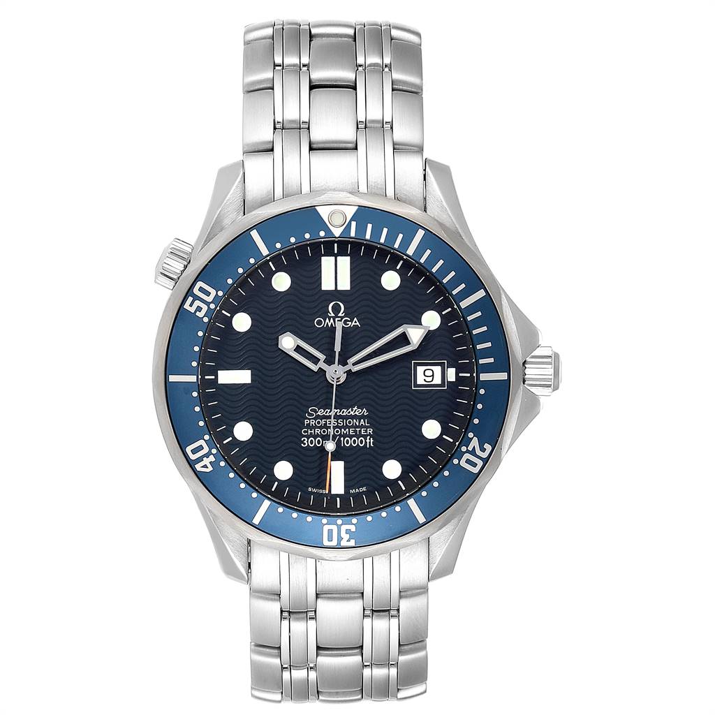 The image shows a front view of the Omega Seamaster 2531.80.00 Men
s Stainless Steel Blue Dial 2531.80.00 Men
s Stainless Steel Blue Dial watch, displaying the face, bezel, and bracelet.