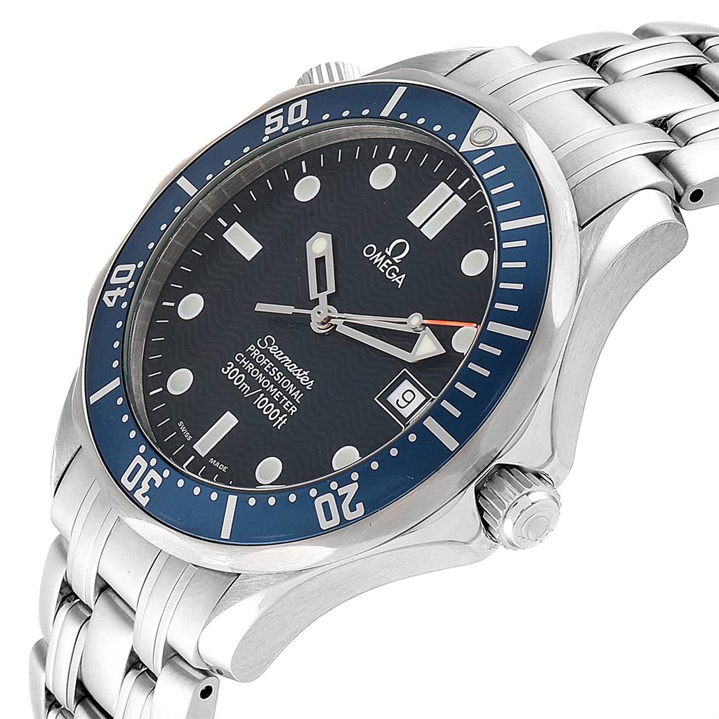 The Omega Seamaster 2531.80.00 Men
s Stainless Steel Blue Dial 2531.80.00 Men
s Stainless Steel Blue Dial watch is shown at an angled view, highlighting the dial, bezel, crown, and part of the bracelet.