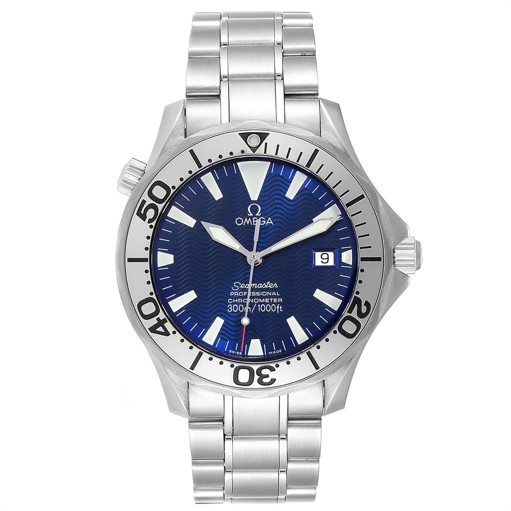 The image shows a front view of an Omega Seamaster 2255.80.00 Men
s Stainless Steel Blue Dial 2255.80.00 Men
s Stainless Steel Blue Dial watch, displaying its face, bezel, crown, and bracelet.