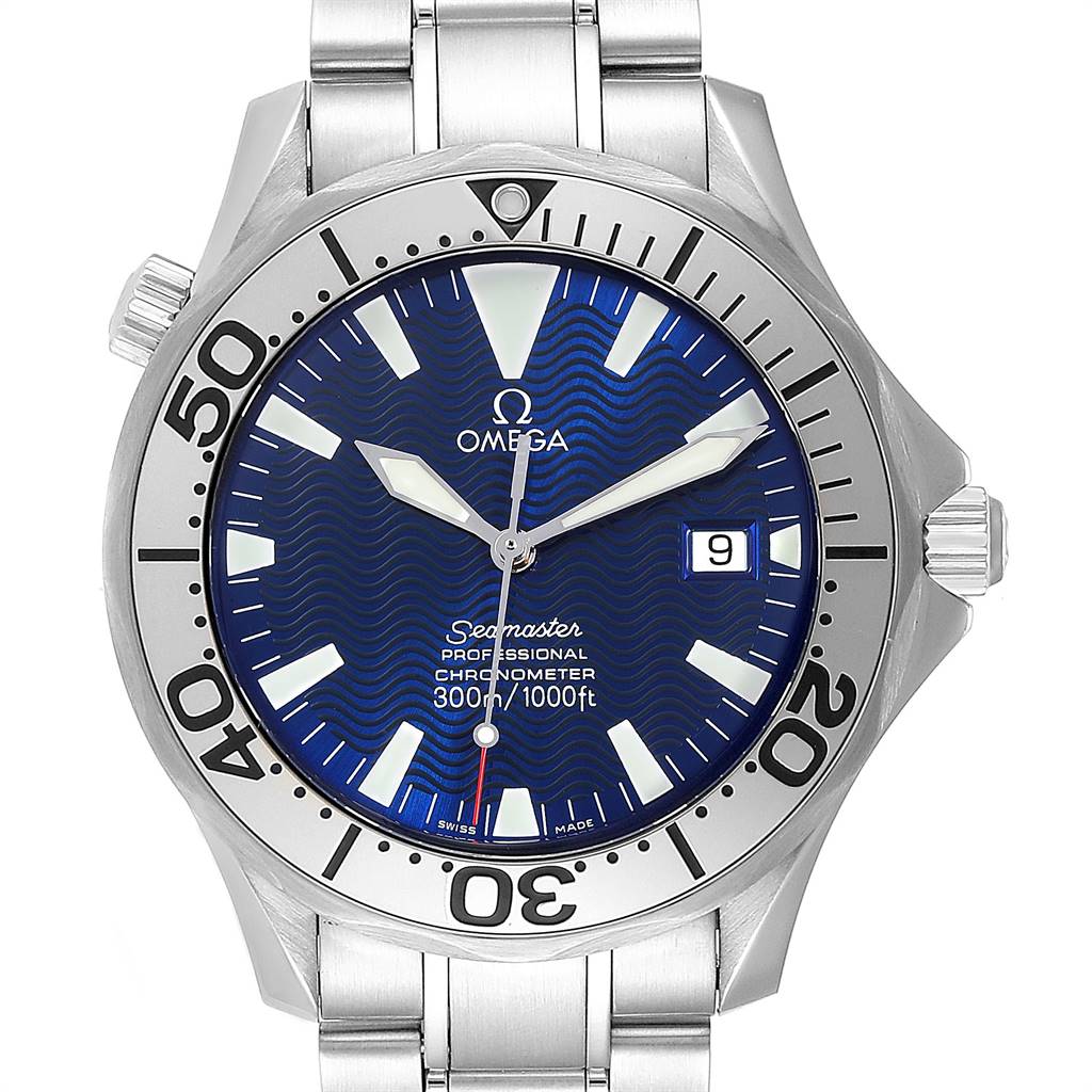 The Omega Seamaster 2255.80.00 Men
s Stainless Steel Blue Dial 2255.80.00 Men
s Stainless Steel Blue Dial watch is shown from a front angle, highlighting its dial, bezel, crown, and bracelet.