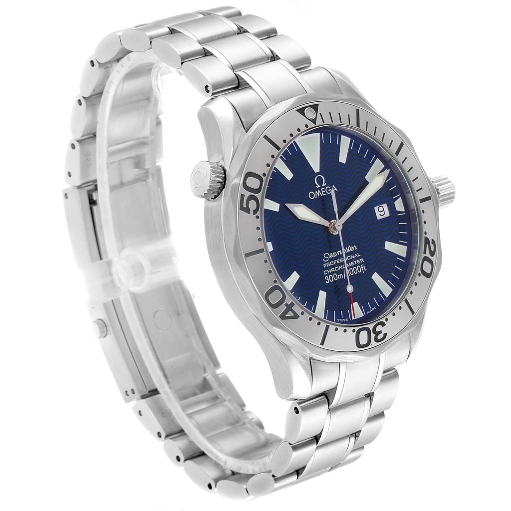 This Omega Seamaster 2255.80.00 Men
s Stainless Steel Blue Dial 2255.80.00 Men
s Stainless Steel Blue Dial watch is shown at an angle highlighting the face, bezel, crown, and bracelet.