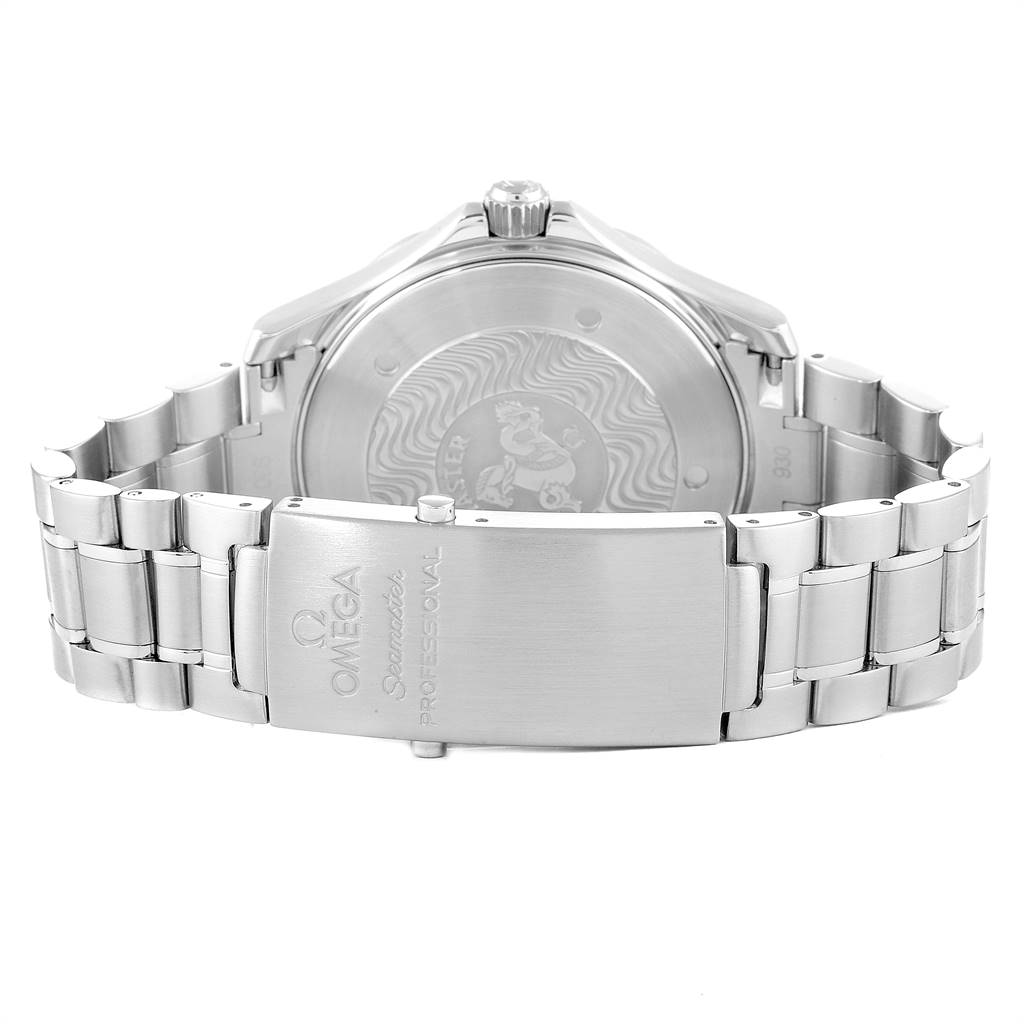 The image shows the back case and bracelet clasp of an Omega Seamaster 2255.80.00 Men
s Stainless Steel Blue Dial 2255.80.00 Men
s Stainless Steel Blue Dial watch from a rear angle.