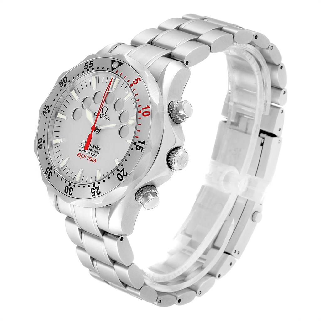 The image shows an Omega Seamaster 2595.30.00 Men
s Stainless Steel Silver Dial 2595.30.00 Men
s Stainless Steel Silver Dial watch from a three-quarter angle, highlighting the face, bezel, chronograph buttons, and metal bracelet.