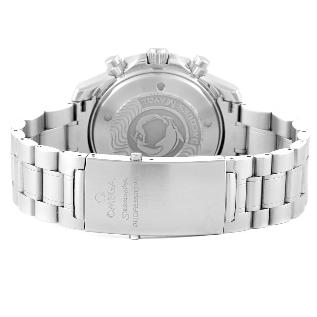 The image shows the back case and bracelet clasp of the Omega Seamaster 2595.30.00 Men
s Stainless Steel Silver Dial 2595.30.00 Men
s Stainless Steel Silver Dial watch from a rear angle.