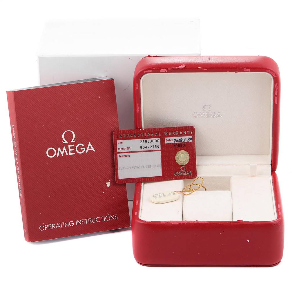 This image shows the Omega Seamaster 2595.30.00 Men
s Stainless Steel Silver Dial 2595.30.00 Men
s Stainless Steel Silver Dial
s red watch box, operating instructions, and warranty card.