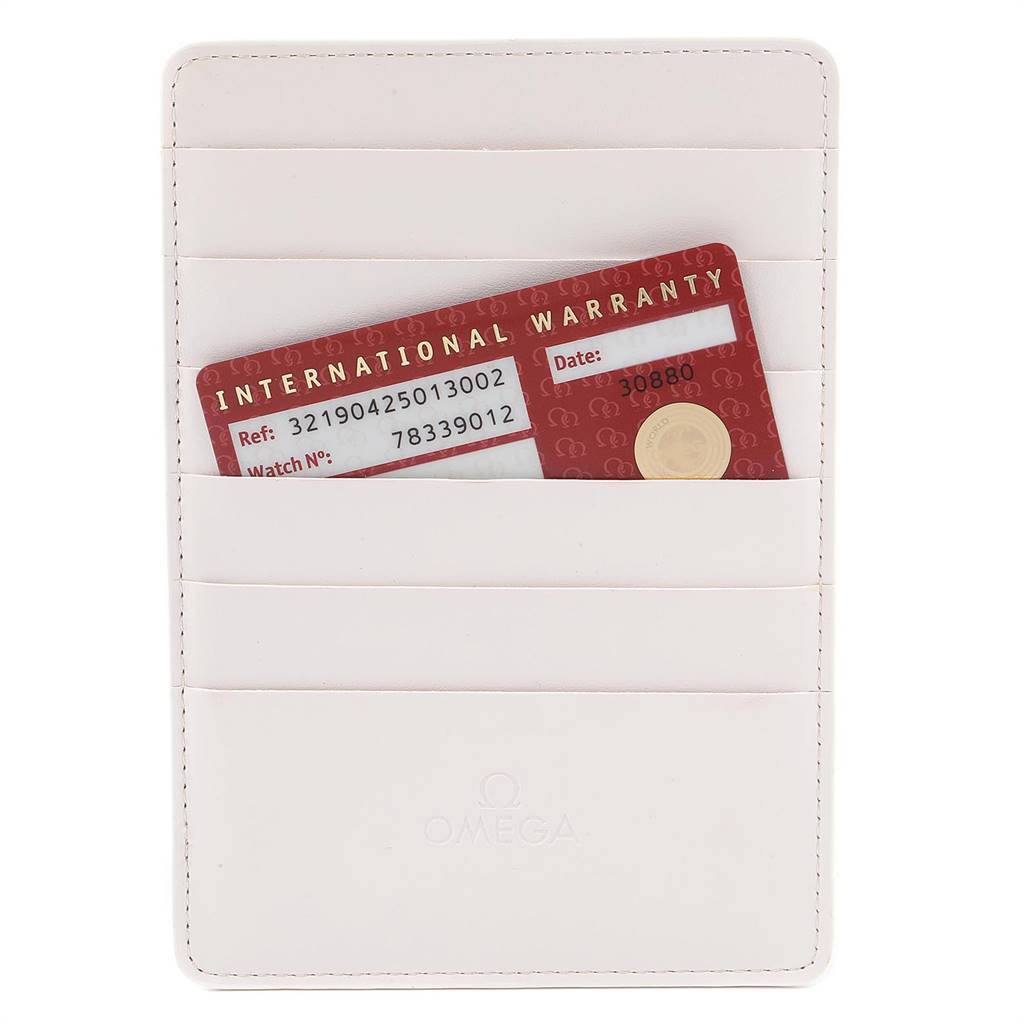 The image shows an Omega Seamaster 2595.30.00 Men
s Stainless Steel Silver Dial 2595.30.00 Men
s Stainless Steel Silver Dial
s international warranty card in a white card holder.