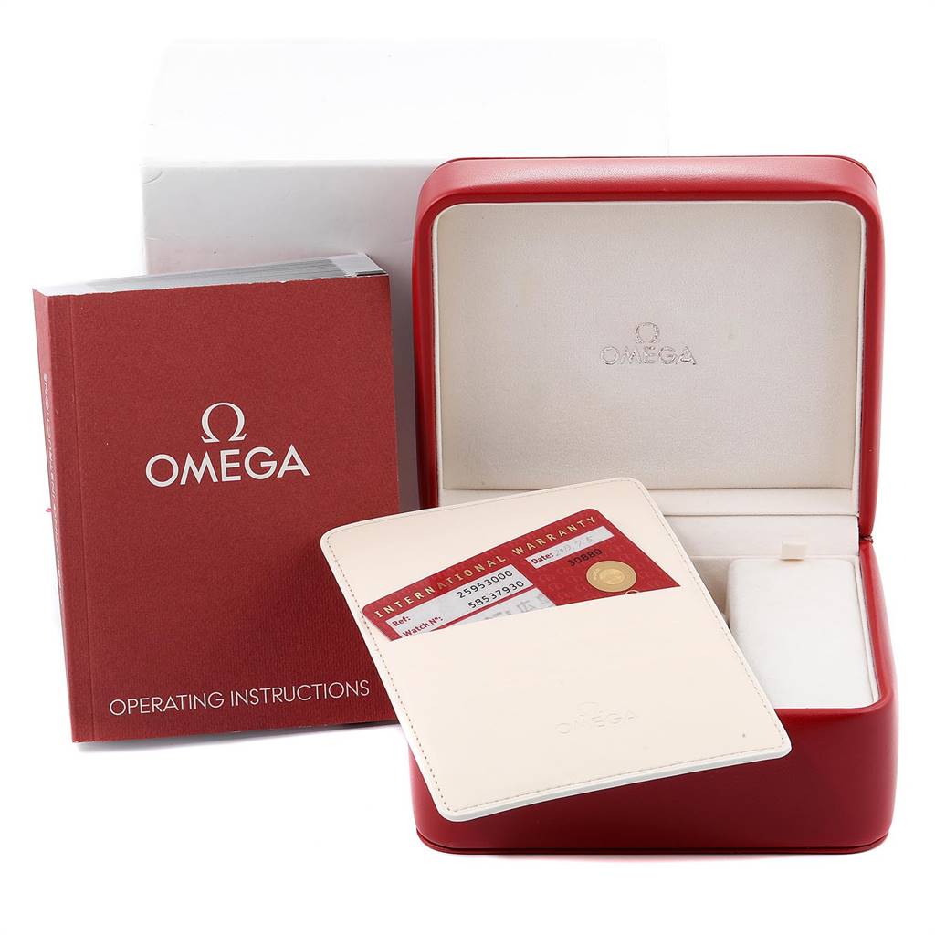 The image shows accessories for the Omega Seamaster 2595.30.00 Men
s Stainless Steel Silver Dial 2595.30.00 Men
s Stainless Steel Silver Dial, including the watch box, warranty card, and operating instructions.