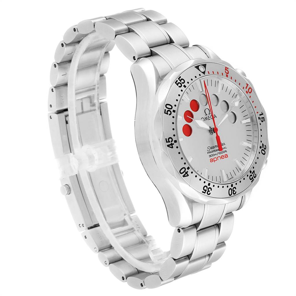 The Omega Seamaster 2595.30.00 Men
s Stainless Steel Silver Dial 2595.30.00 Men
s Stainless Steel Silver Dial watch is shown from an angled side view, highlighting the face, bezel, and metal bracelet.