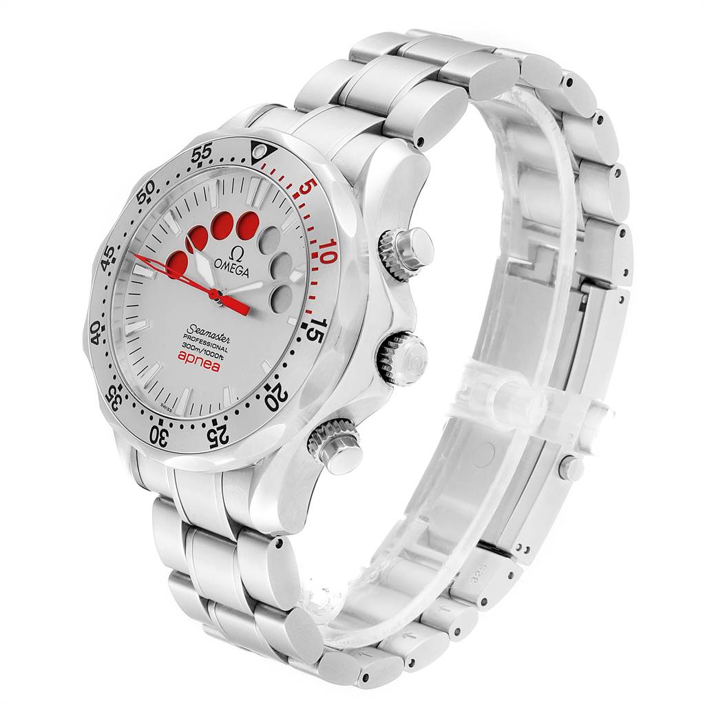 The Omega Seamaster 2595.30.00 Men
s Stainless Steel Silver Dial 2595.30.00 Men
s Stainless Steel Silver Dial watch is shown from a side angle focusing on the face, bezel, and bracelet.